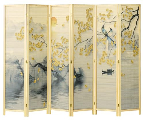 MyGift 6 Panel Large Bamboo Room Divider with Dual Sided Asian Birds Gingko Biloba Tree Sunset Design Print, 6FT Freestanding Artwork Privacy Partition Folding Screen with Beige Solid Wood Frame