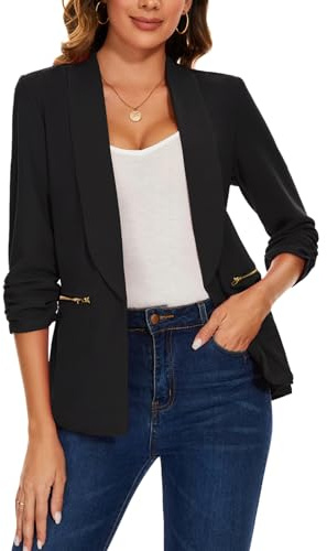 MINTLIMIT Blazer for Women Open Front Suit Jackets 3/4 Ruched Sleeve Cardigan Casual Outerwear (Black S)
