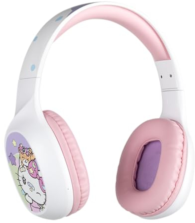 Konix Hello Kitty Cuffie audio sovraurali wireless Bluetooth 5.3 PC, smartphone e tablet - Microfono - Autonomia 30 h - Bianco e rosa