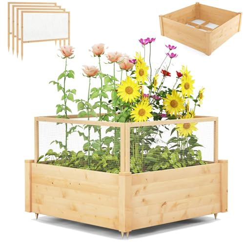 TANGZON Wooden Raised Garden Bed with Mesh Fence & Open Base, 107 x 107 x 80 cm Elevated Planter with Different Adjustable Planting Zones, Outdoor Planting Garden Kit for Balcony Terrace