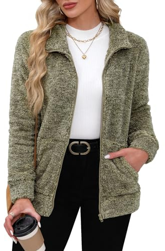 BesserBay Veste d'hiver chaude à col montant en polaire pour femme avec poches entièrement zippées, taille S à XXL, kaki, XXL
