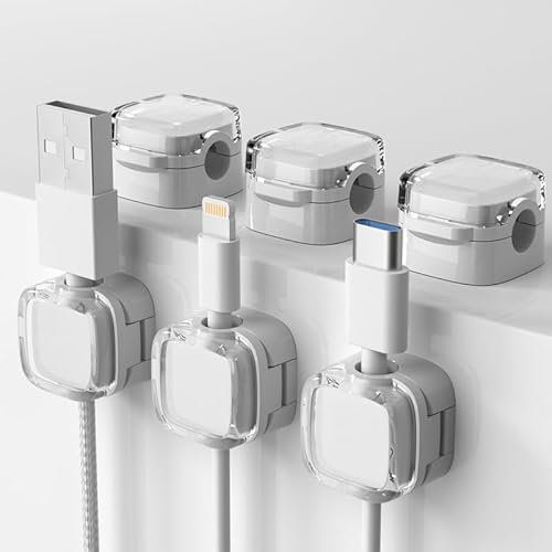 6 Pcs Magnetic Cable Clips, Magnetic Cable Organiser Holder Desk Cable Clips, Hide Phone Charging Cable Keeper - Strong Self Adhesive for Nightstand, Office, Kitchen(Crystal White)