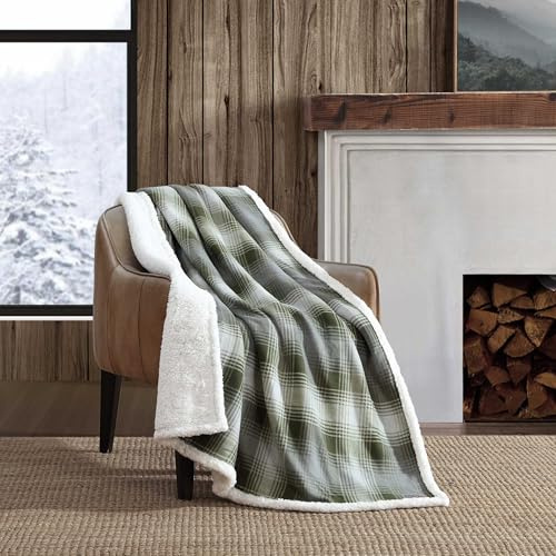 Eddie Bauer - Throw Blanket, Brushed Fleece & Plush Sherpa Bedding, Throw Blanket for Couch & Bed (Nordic Plaid Green, 50 x 70)