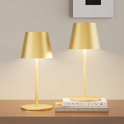 lundwa Dimmbare led akku tischleuchte Gold 26CM, 5000mAh (2 Stück) | camping lampe akku aufladbar,3W 3000K tischleuchte kabellos, IP54 Outdoor Tischlampe für Restaurant, Schlafzimmer, Bar