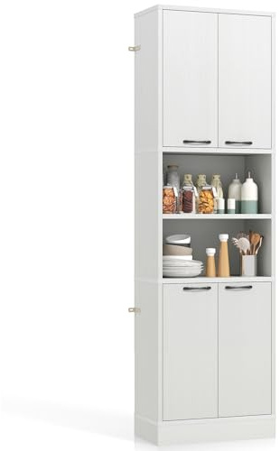 RELAX4LIFE Credenza da Cucina 190 cm in Legno, con 4 Porte, 2 Scomparti Aperti e Dispositivi Anti-Ribaltamento, Armadio per Soggiorno, Sala da Pranzo (Faggio Bianco)