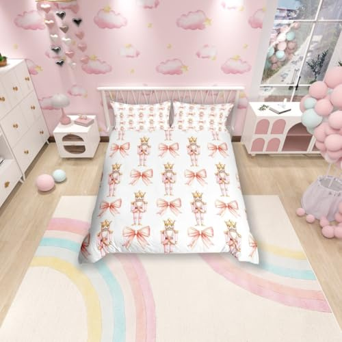 Cartoon Nutcracker Kids Duvet Cover Set Double Size,Pink Bowknot Romantic Princess Bedding Set,Girls Women Room Decor,Ballet Merry Christmas Bow Tie Dreamy Quilt Cover,2 Pillowcases(No Comforter)