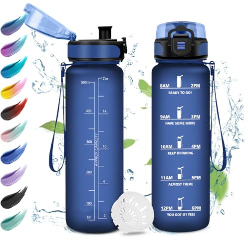 Trinkflasche 500ml, Wasserflasche mit Filte, Sport Trinkflaschen Kohlensäure Geeignet, Wasserflasche mit Zeitmarkierungen, Auslaufsicher Trinkflasche für Picknick, Schule, Junge, Mädchen, Büro