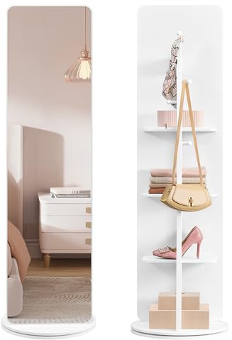 SONGMICS Ganzkörperspiegel, 360° drehbar, 163 x 45 cm, klares Hartglas | Standspiegel, mit Sockel, Ablagen und Haken, für Schlafzimmer, Wohnzimmer, wolkenweiß, BERIT Kollektion LFM036W01