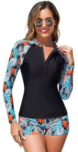 Sillictor Rash Vest Women Long Sleeve Swim Top UV Half Zip Womens Swim Shorts and Top Set Modest Swimwear Two Piece Swimsuits Ladies Rash Guard Shirt for Surfing,Quick Dry 501 Orange Leaf M