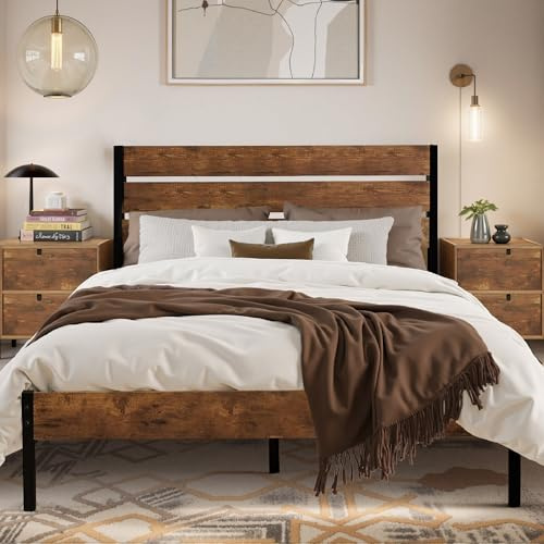 VECELO Cadre de Lit 140 x 190 cm avec Tête de Lit en Bois, Support à Lattes en Métal Solide, Rangement sous Le Lit, Assemblage Facile, Style Industriel, Marron