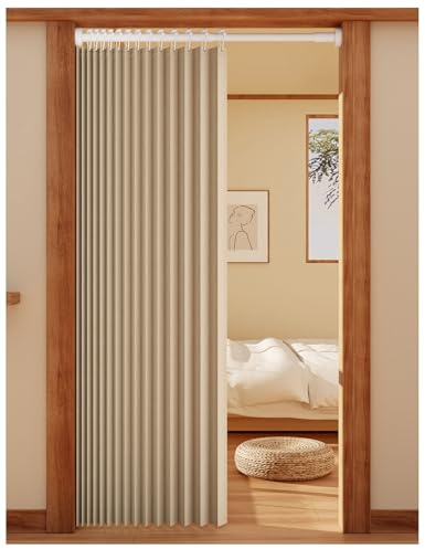 APMOE Türvorhang mit Teleskopstange, Ohne Bohren Türvorhang Kälteschutz, Raumteiler Vorhang Schallschutz Falttüren Innentüren(Braun,Rod 100-120cm/curtain 120x200cm)
