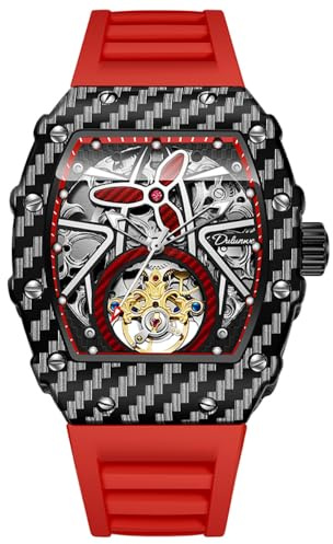 DAXIAOYU Lusso Hollow Skeleton Tourbillon Orologio Da Polso Militare Automatico Meccanico Uomo Orologi Impermeabile Luminoso Moda Tonneau Silicone Strap Watch, Rosso, Lusso