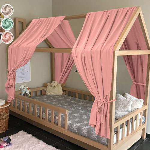 HOTUT 130x320cm 2-Piece Bed Decoration Set with 2 Canopies, 100% Organic Cotton Muslin, Suitable for Boys and Girls' Bedrooms - Dark Pink