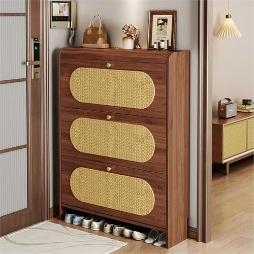 Rattan Shoe Cabinet, Narrow Shoe Storage Cabinet with 3 Flip Drawers, Ultra-Thin Tipper Shoe Cabinet for Entryway Hallwa