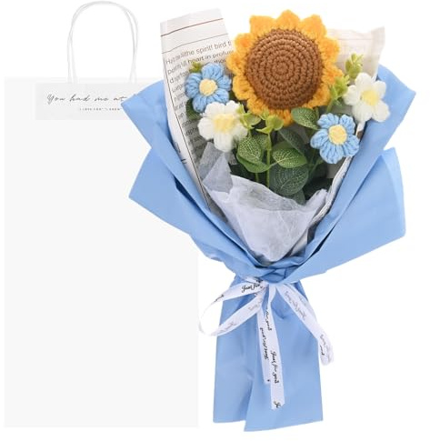 M METERXITY Crochet Flowers Bouquet, Handmade Knitted Bouquets Artificial Sunflower with Gift Bag for DIY Home Decor/Birthday/Wedding/Valentine's Day [Blue]
