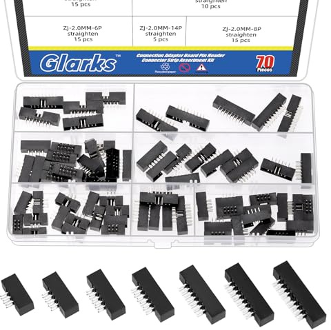 Glarks Kit 70 pezzi box header retti doppia fila passo 2 mm da 6/8/10/12/14/16/18 pin, 7 misure di connettori IDC socket, IDC box header, box header doppio pin.