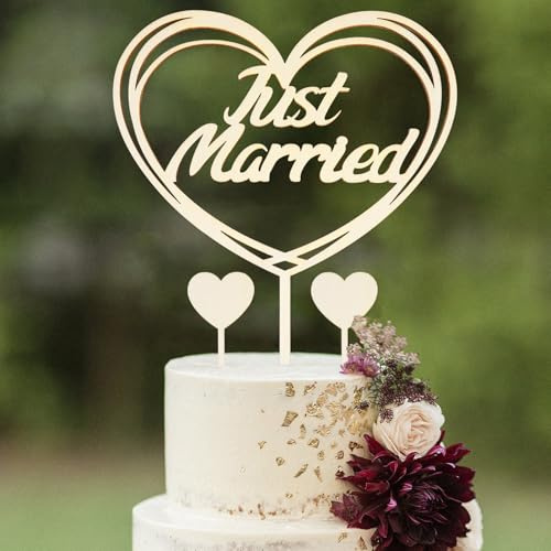 Just Married Cake Topper Hochzeit aus Holz,Tortendeko Hochzeit,Just Married Deko Hochzeitstorte,Tortenstecker Hochzeitsfeier,Hochzeitstorte Topper,Kuchen Topper für Verlobung Antrag Deko