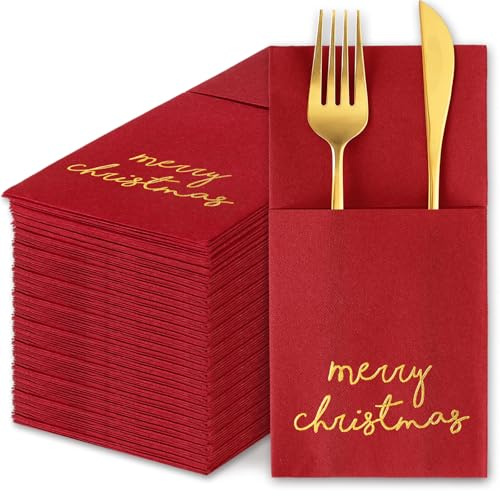 JarThenaAMCS 50 Pcs Christmas Linen Feel Napkin Red Gold Foil Disposable Airlaid Paper Napkin Prefolded Dinner Napkins with Built-in Flatware Pocket for Winter Holiday Party Supplies