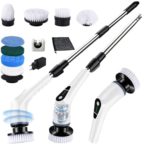 TAVADA Brosse Electrique Nettoyage Rotative, 8 in 1 Brosse Menage Electrique avec 8 Têtes, IPX7 Étanche, 5 Vitesses, 30–106cm Manche Réglable, pour Salle de Bain Cuisine Voiture