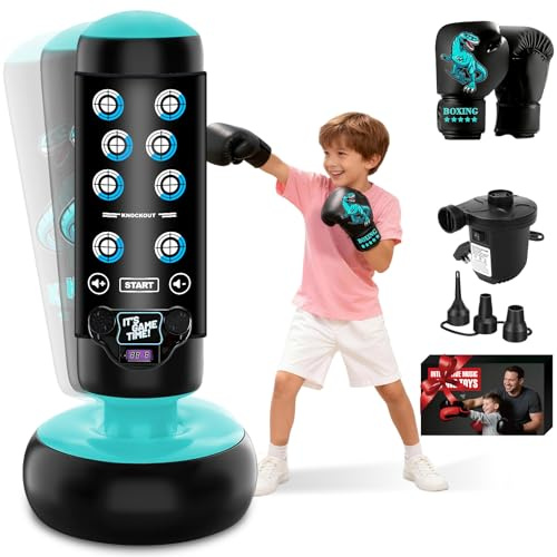 NZQXJXZ Kids Punch Bag, 63 Inch/160cm Inflatable Boxing Bag with Boxing Gloves, Kid Punching Set with Scoring, Light and Music Mat for Practicing Karate, Taekwondo, MMA