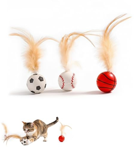 VYNZOR 3 Piezas Pelotas Interactivas para Gatos, Pelotas Saltarinas con Plumas, Juguetes para Entrenar, Perseguir y Cazar, Resistente para Interior y Exterior