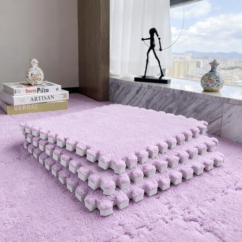 12 Stück Plüsch Schaumstoffmatte 30x30cm, Weiche Teppichfliesen Puzzle Spielmatte, Ineinandergreifende Eva Bodenmatten für Wohnzimmer Schlafzimmer Kinderzimmer