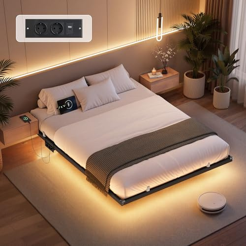 VASAGLE Lit Flottant 140 x 190 cm, avec Lumières LED, Station de Charge | Lit Flottant, 2 Prises CA, 1 Port Type-C, 2 Ports USB-A, Supporte Jusqu'à 500 kg RMB173B101