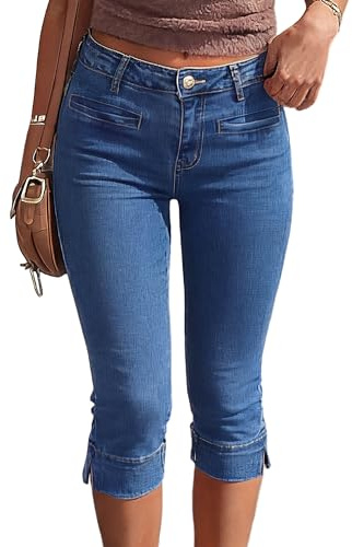 Fengbay Capri jeans dam stretch skinny låg midja 3/4 jeans slits på fållen capribyxor casual sommar 3/4 byxor, blå, L