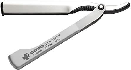 Dovo Shavette - Rasoio a mano libera, a lama dritta con portalama, finitura in argento satinato