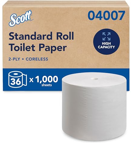 Scott Essential, 4007, kernlose Standard-Toilettenpapierrollen, 2-lagig, weiß, 36 Packungen x 1.000 Blatt