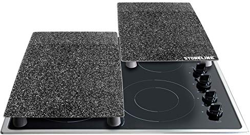 STONELINE® Herdabdeckplatten/Schneideplatten-Set aus schlagfestem und hitzebeständigem Glas, 2-teilig, 52 x 30 x 0,5 cm, mit auswechselbaren Füßen für verschiedene Verwendungsmöglichkeiten, schwarz