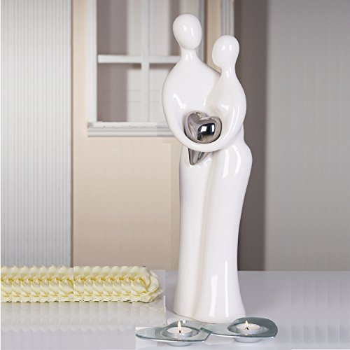 Casablanca Grande scultura coppia per matrimonio o fidanzamento in ceramica bianco/argento, altezza 39 cm
