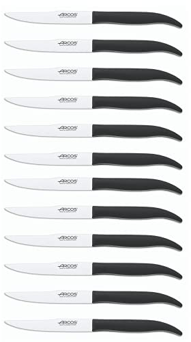 Arcos Serie Cuchillos de Mesa Caja 12 uds Cuchillo Chuletero, Hoja Filo de Acero Inoxidable NITRUM de 110 mm, Mango Polipropileno Color negro (12 UDS)