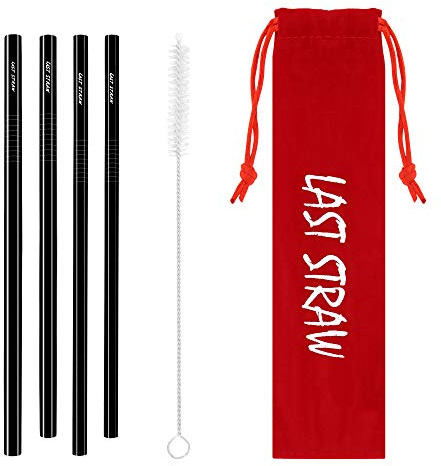 LAST STRAW Red Velvet Collection – Portable 304 Stainless Steel Cocktail Length Eco-Friendly Drinking Straws - Set of 4 Washable Black Metal Straws + Brush + Velvet Carrying Pouch