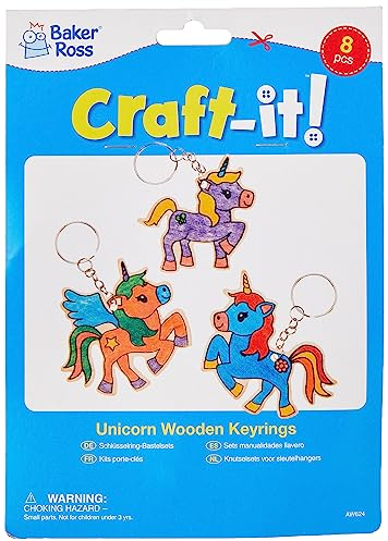 Baker Ross Schlüsselanhänger-Bastelsets „Einhorn“ aus Holz (8 Stück) 4 Motive sortiert – Einhornfiguren für Kinder zum Basteln und Befestigen an Schlüsselringen und Taschen