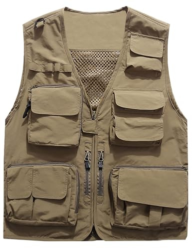 Flygo Herren-Cargo-Weste, leicht, Outdoor, Angeln, Arbeit, Safari, Reisen, Foto, Cargo-Weste, Jacke, mehrere Taschen, Khaki, S