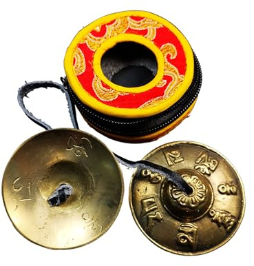 Gandhanra Ensemble de clochettes tibétaines Tingsha – Cymbales tibétaines – Fabriqué en laiton, motif OM Mani Padme Hum, 6,5 cm / 2,6 pouces