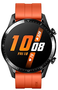 HUAWEI Watch GT 2 Smartwatch (46 mm Full- Screen AMOLED Touchscreen, GPS, Fitness Tracker, Herzfrequenzmessung, 5 ATM Wasserdicht) Fluorelastomer Armband, Sunset Orange, 55024321, orange/schwarz