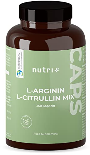 Nutri + Arginine citrulline capsules - 360 caps hautement dosées + vegan - 3000mg L-citrulline malate + L-arginine base - musculation - qualité premium sans stéarate de magnésium