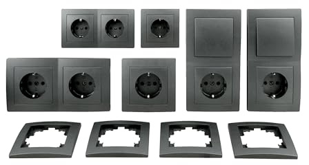 McPower | Schalter und Steckdosen Set Flair Standard Profi | 20-teilig | anthrazit | schraublos | Unterputz | Wechselschalter | Steckdosen | Rahmen-Set