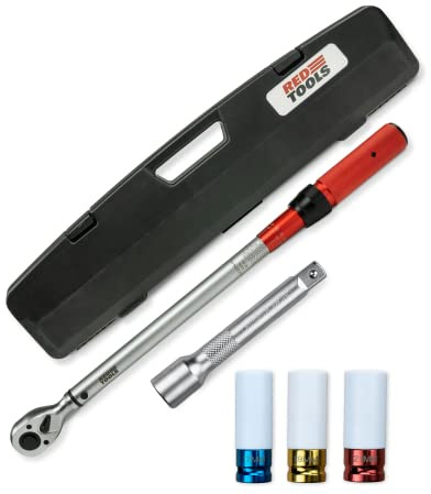Red Tools Drehmomentschlüssel, Stecknüsse & Aufbewahrungs-Koffer - 40-220 Nm 1/2 Zoll Antrieb - Radmutternschlüssel für Auto, Fahrrad, Motorrad