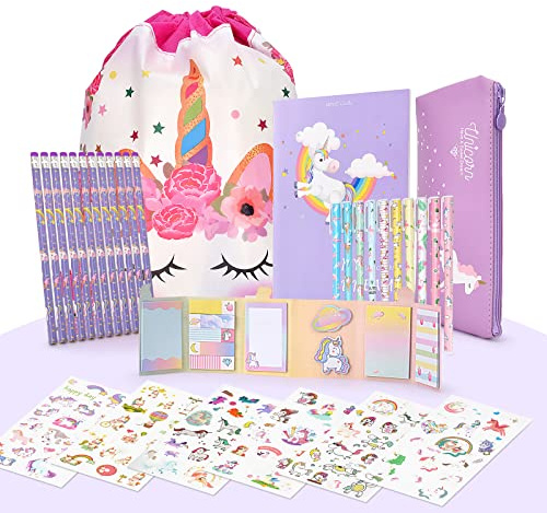 Maomaoyu Einhorn Geschenk Set für Mädchen&Junge mit 12 Einhorn Bleistiften und 1 Federmäppchen, Schönes Cartoon-Notizbuch, Ästhetisch Aufklebern und Süße Haftnotizen