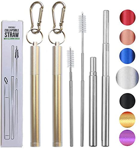 Hoshen wiederverwendbarer dreiteiliger faltbarer Metallstrohhalm, tragbarer Outdoor-Teleskopstroh, einschließlich Strohbürste und kleinem Kletterhaken (Metallschale), Silber，2 Packungen