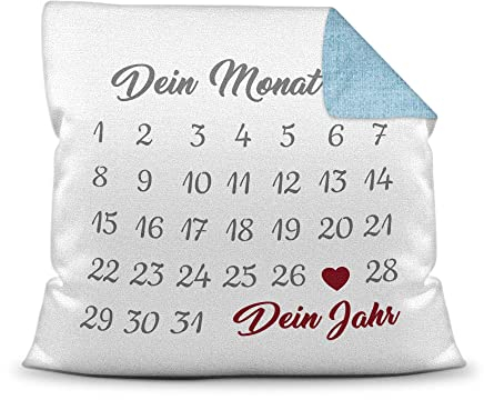 PR Print Royal Kissen Kalender selbst gestalten - mit anpassbarem Jahrestag, mit Namen & Text Bedrucken - Geschenk Valentinstag, Jahrestag, Paar, Liebe - inkl. Füllung, Hellblau Gemustert