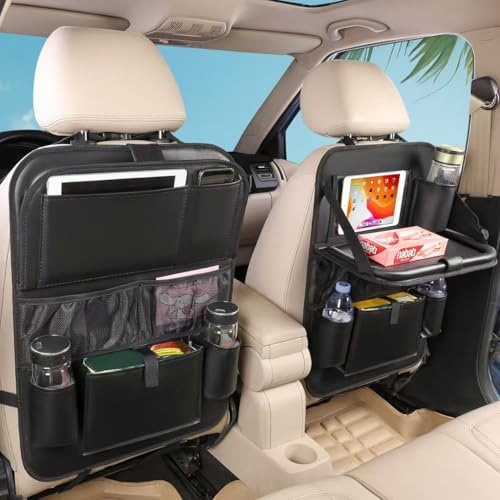 Leather Car Backseat Organizer with Tablet Holder - 9 Large Storage Pockets, Foldable Food Tray & Anti-Scratch Kick Mats - Universal Car Seat Protector for Kids, Pets & Travel Accessories 1 Pack