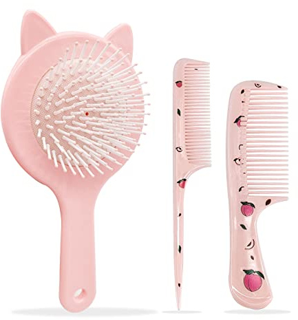 Spazzola Capelli Districante Bambina, Spazzola per Capelli Bambina e Set di Pettini Spazzola Carina Portatile per Capelli Rosa Spazzola Bambini per Ragazze Capelli Bagnati e Asciutti 3 Pezzi (Rosa)