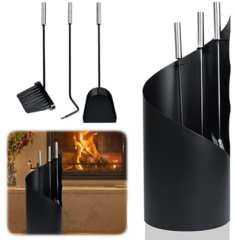 YUENFONG Set Camino 5 Pezzi con Porta Attrezzi, Accessori da Camino, Acciaio Inox, Paletta, scopa, Pinza, Attizzatoio, Contenitore per Cucina Casa (Tipo B)
