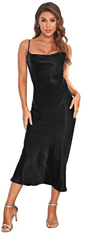 Women's Spaghetti Strap Midi Satin Silk Dresses Slip Cowl Neck Party Cocktail Evening Sexy Dress Black