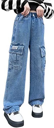 Panegy Jeans a Gamba Larga per Ragazze Pantaloni Casual Cargo dalla vestibilità Rilassata Pantaloni Dritti Elasticizzati Vintage Comfort Pantaloni a Gamba Larga Baggy con Tasche Blu età 13-15 Anni