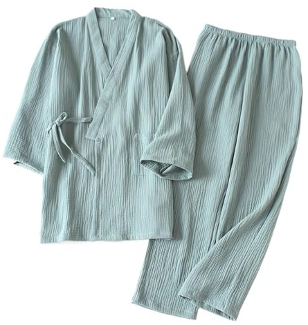 HULKAY Pyjamas Set 2024 Kimono Set 100% Cotton Pajamas Two-piece Couple Loose Men and Women Sweat Steaming Suit Home Service Set Green